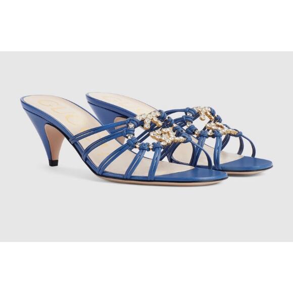 Rare! Gucci Crystal GG Logo Strappy Heeled Sandal Blue 38 - Picture 1 of 9